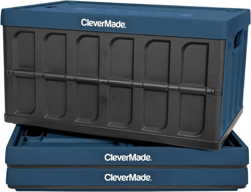 CleverMade 62L Collapsible Storage Bins with Lids - Folding Plastic Stackable Utility Crates, Solid Wall 3 Pack, Ocean