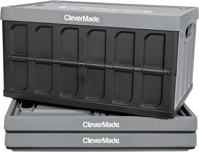 CleverMade 46L Collapsible Storage Bins with Lids - Folding Plastic Stackable Utility Crates, Solid Wall 3 Pack, Stone