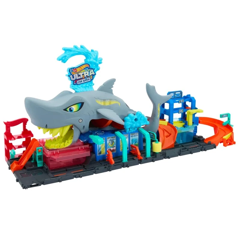 Hot Wheels Let's Race Netflix - City Toy Car Track Set, Ultra Shark Car Wash with 1:64 Scale Color Reveal Toy Car, Repeat Color-Change Feature, Storage, HTN82