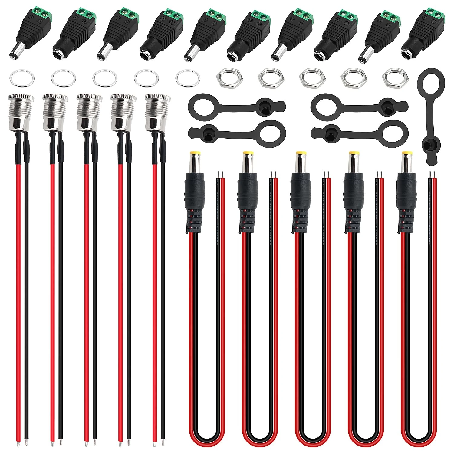 YIXISI 5.5 x 2.1mm DC Power Connector Kit, 5 PCS DC-099 Jack Socket Threaded Female Adapter with Cable, 5 PCS DC Power Male Pigtail Wire, 10 PCS 12V Male Female DC Power Connector, with Waterproof Cap