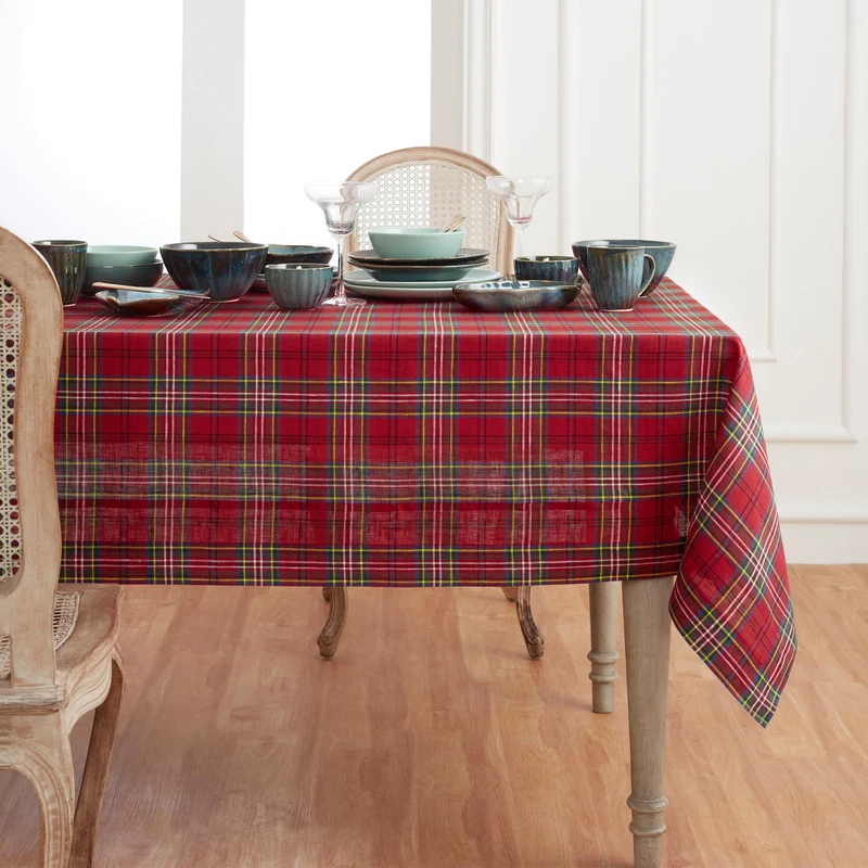 Solino Home 100% Linen Tablecloth Red, Classic Tartan Plaid 60 x 144 in