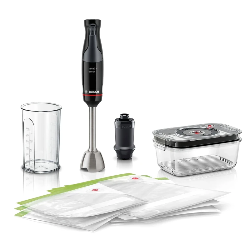 Bosch ErgoMaster Series 4 MSM4B6V2 Hand Blender, Single Hand, Vacuum Pump, Bag, Glass Vacuum Box, 4 Stainless Steel Blades, Wear-free Ceramic Coupling, Switch-on Lock, 1000 W, Black