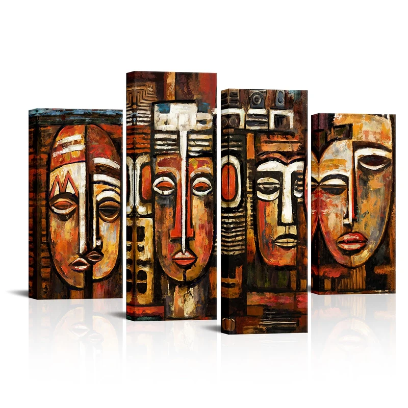 KREATIVE ARTS 4 Panels African American Wall Art Masks Ethnic Tribal Masks Canvas Prints Vintage Posters Pictures Artwork Black Art Paintings for Living Room Ready to Hang 48 x 32.7 Inch (L x W)