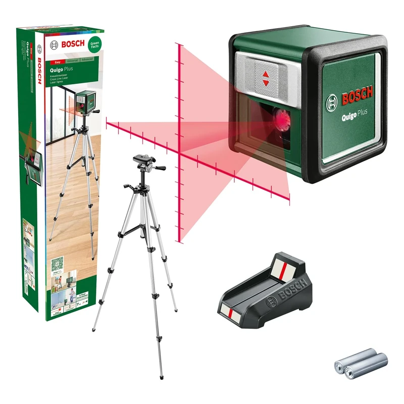 Bosch Cross line Laser Quigo Plus with Tripod (Easy Alignment at Equal and Variable Distances Thanks to Markings on The Laser line, in Cardboard Box)