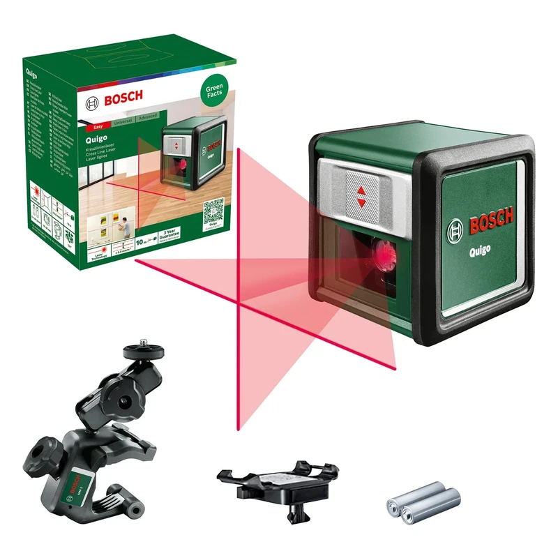 Bosch Cross line Laser Quigo with Universal clamp MM 2 (Easy and Precise Alignment with Flexible Positioning of The Tool Thanks to The Universal clamp), in Cardboard Box
