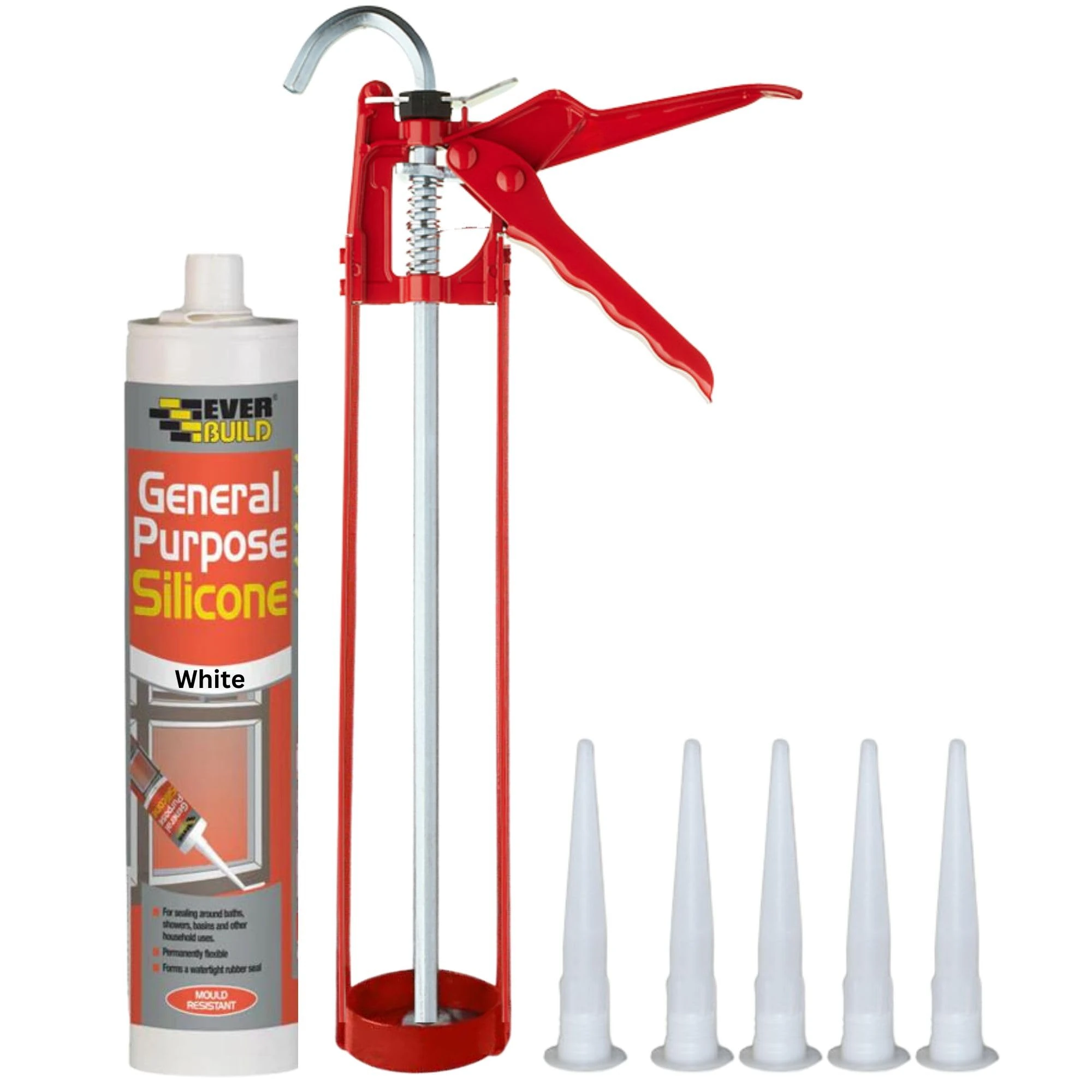 White Silicone Sealant Anti Mould Set - Bundle Includes General Purpose Waterproof Sealant, 11' Inch Caulking Gun, Spare Silicone Nozzles