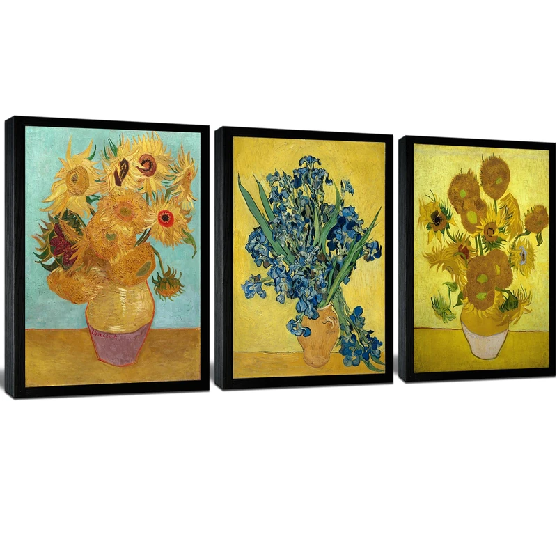 msspart Black Framed Sunflower and Irises by Vincent Van Gogh Oil Paintings Reproduction Modern Floral Canvas Prints Artwork Flowers Pictures Canvas Wall Art for Bedroom Wall Decor
