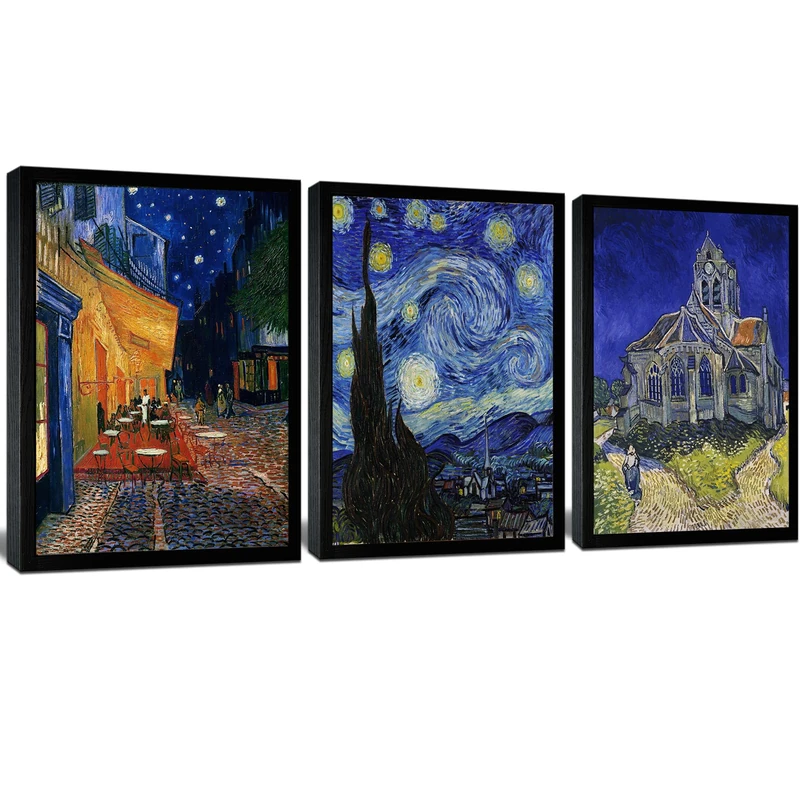 Black Framed Van Gogh Canvas Wall Art, Starry Night Pictures Prints Wall Decor, Classic Artwork Painting Reproduction for Wall Art Decoration 16"x24"x3 Piece