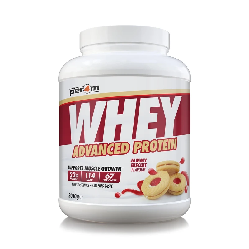 Per4m Whey Protein Powder | High Protein Shake for Muscle Growth & Recovery | Low Sugar Gym Supplement | Sports Nutrition Drink + Amino Acids (2010g, Jammy Biscuit)