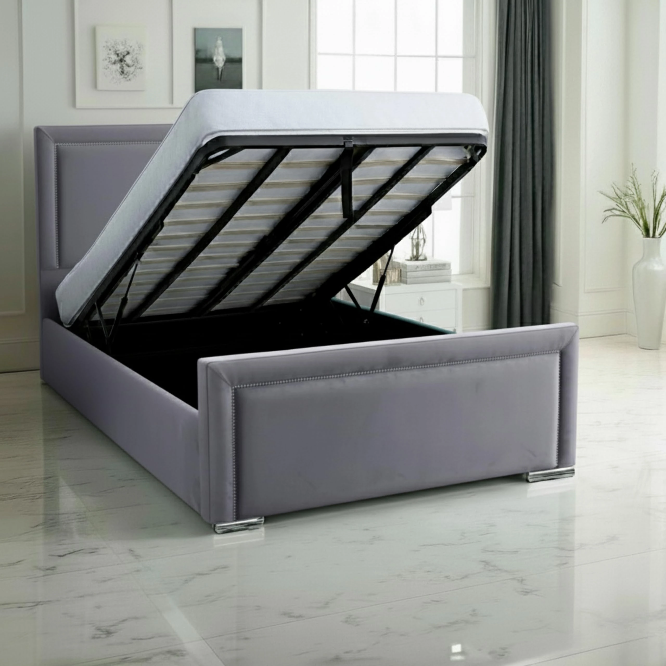 AuGold Beds Upholstered Mia Ottoman Bed 3FT Single Bed – Grey Plush Velvet Bed Frame with Headboard, Footboard & Lift-Up Storage Base – Durable Modern Design for Stylish Compact Bedrooms