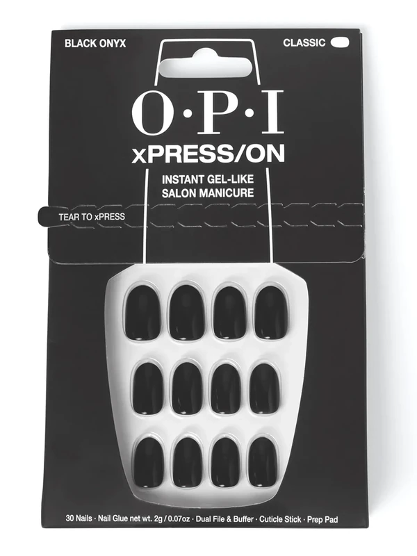 OPI xPRESS-ON Lady in Black - Dark Black Short and Round Shaped Press On Nails - With Nail Glue - Long Lasting, Reusable and Non-Damaging False Nails
