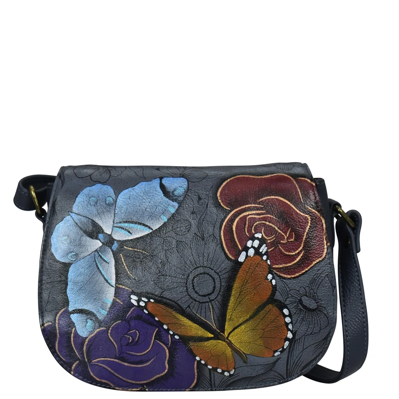 Anna by Anuschka Women's Hand-Painted Leather Crossbody Saddle Bag, Floral Paradise Charcoal, One Size