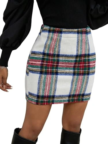 Floerns Women's Plaid High Waist Bodycon Mini Skirt, White Multi, S