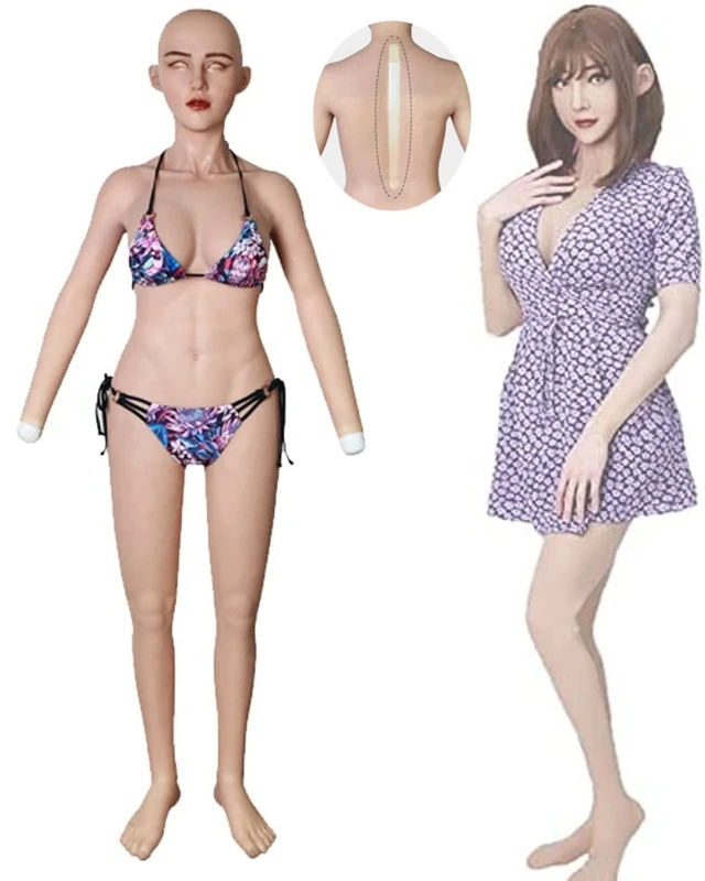 Oppaionaho Realistic Silicone Bodysuit with Female Mask+Arms+Feet+Silicone Breast D Cup, One Piece Crossdressing Jumpsuit for Cosplay Transgender (Color#3, Silicone Filler)