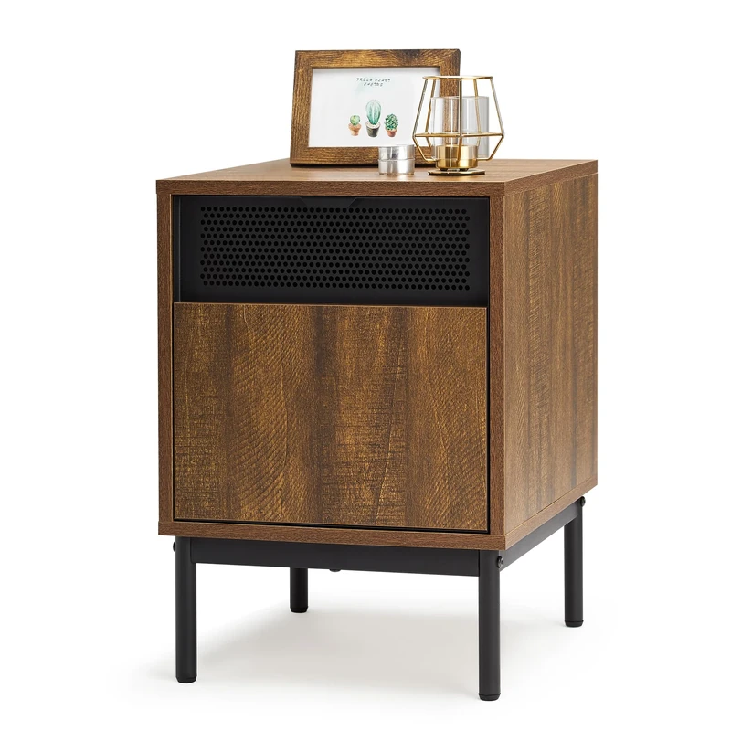 Mondeer Bedside Table, Side Table with Door and Metal Legs, Adjustable Shelves, for Bedroom Living Room Hallway Office, 37 x 40 x 53 cm, Rustic Brown and Black