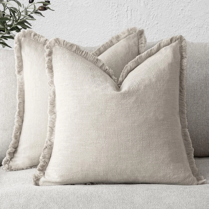 Foindtower - Set of 2 Decorative Boho Farmhouse Style Linen Fringe Cushion Covers with Tassels - For Couch, Sofa, Bed, Living-Room - Home Decor - 60 x 60 cm - Beige