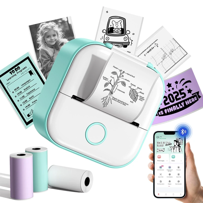 Mini Thermal Printer, Bluetooth Sticker Printer T02 for Kids, Portable Thermal Sticker Maker Machine Inkless for DIY Creation, Diaries, Memos, Compatible with iOS & Android, (Green 3 Rolls)