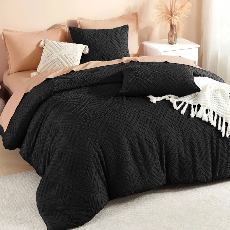 Litanika California King Comforter Set, 3 Pcs Black Tufted Boho Bedding Set