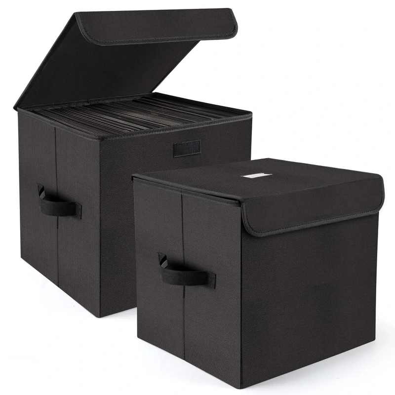 alavisxf xx 12-inch Vinyl Record Storage Box, Nylon Foldable and Stackable Set of 2 Vinyl LP Storage Organizer Case with Lid and Handles Can Hold 180 Single Record (12-inch)