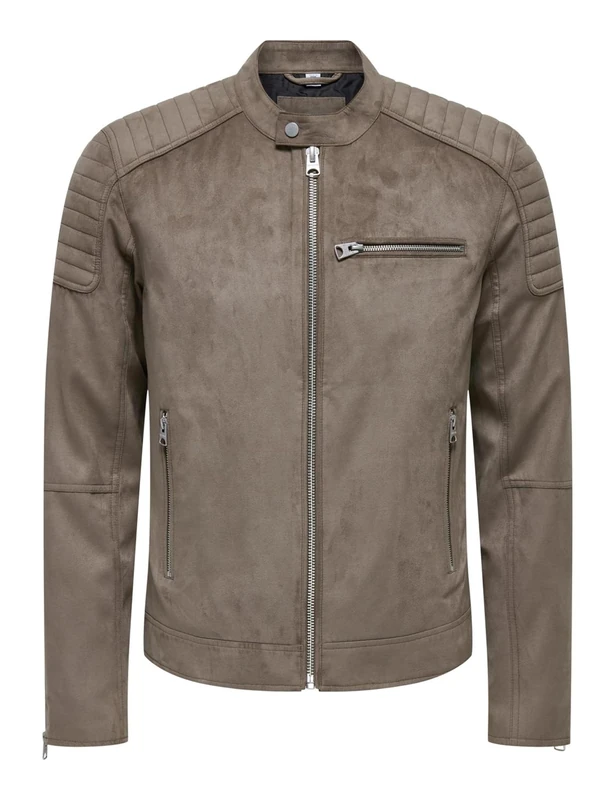 Only & Sons Onsgus Men's Faux Suede Racer Jacket OTW Biker Jacket, Falcon, S