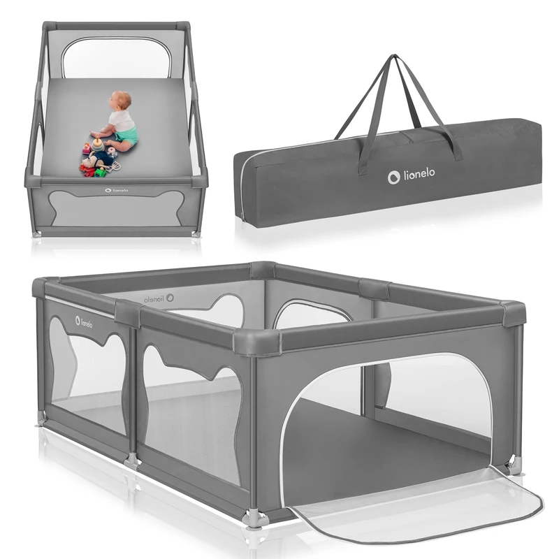 Lionelo Willow Baby Playpen Foldable & Portable, Large 127×187×68 cm Safe Play Yard, Steel Frame with Padded Edges, Breathable Mesh Walls, 2 Zip Doors, Easy Fold Design, Carry Bag, Toddlers 0-4 Years