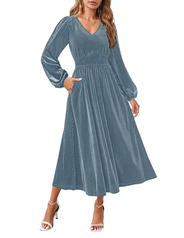 ZESICA Women's Velvet Midi Dress 2025 Casual V Neck Long Sleeve Solid Color Elastic High Waist Flowy Evening Party Dresses, Grey Blue, L