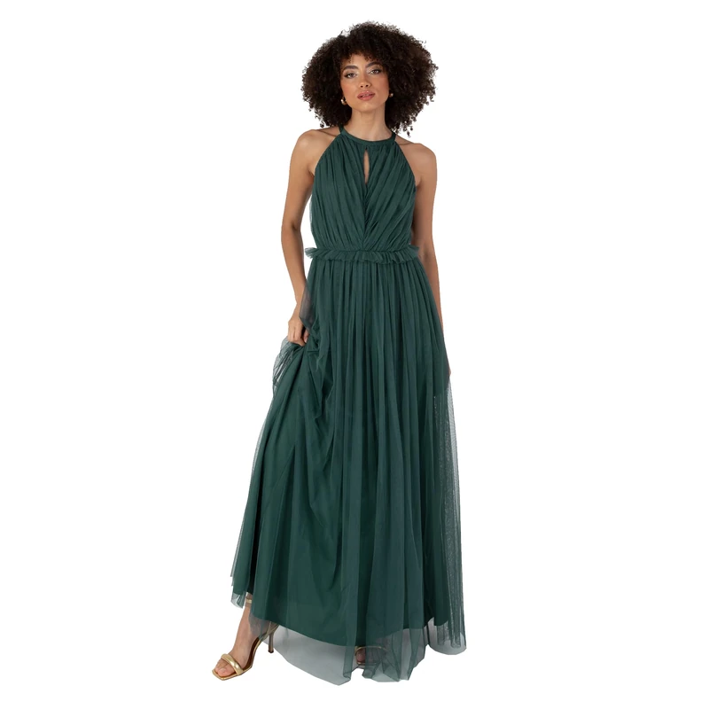 Anaya with Love Women's Maxi Dress Ladies Sleeveless Halterneck Ruffle Empire A-line for Wedding Guest Bridesmaid Ball Evening Occasion, Emerald Green, 14
