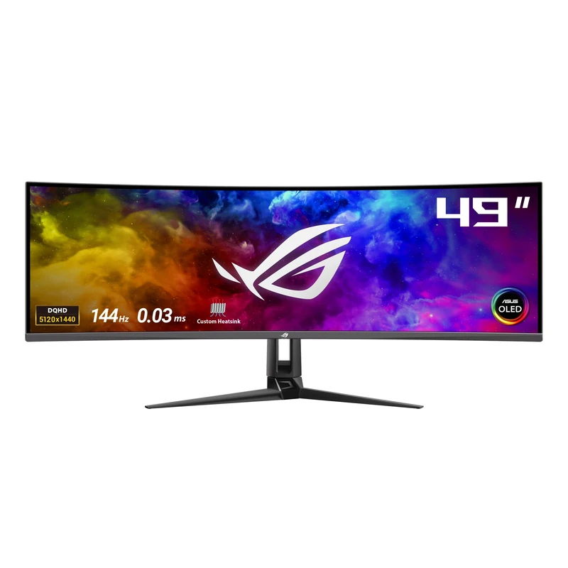 ASUS ROG Swift OLED PG49WCD - 49 Inch DQHD Curved Gaming Monitor - 144 Hz, 0.03ms GtG, G-Sync, FreeSync, HDR 400 - QD-OLED Panel, 32:9, 5120x1440, DP DSC, HDMI 2.1, USB Hub, 90W USB-C, Ergonomic