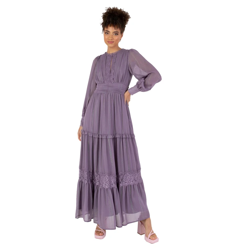 Anaya with Love Women's Maxi Dress Ladies Long Sleeves Round Neck Keyhole Lace High Waist Empire A-line for Wedding Guest Evening, Dusty Lavender, 10