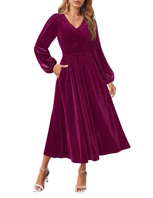 ZESICA Women's Velvet Midi Dress 2025 Casual V Neck Long Sleeve Solid Color Elastic High Waist Flowy Evening Party Dresses, Plum, S