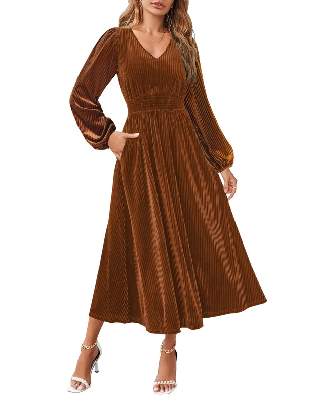 ZESICA Women's Velvet Midi Dress 2025 Casual V Neck Long Sleeve Solid Color Elastic High Waist Flowy Evening Party Dresses, Caramel, M - Image 1