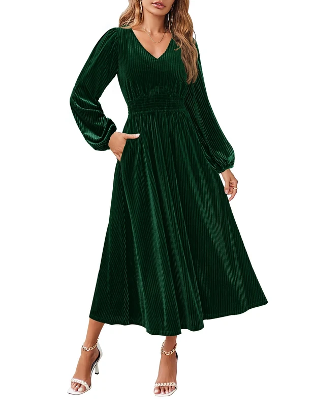 ZESICA Women's Velvet Midi Dress 2025 Casual V Neck Long Sleeve Solid Color Elastic High Waist Flowy Evening Party Dresses, Green, S - Image 1