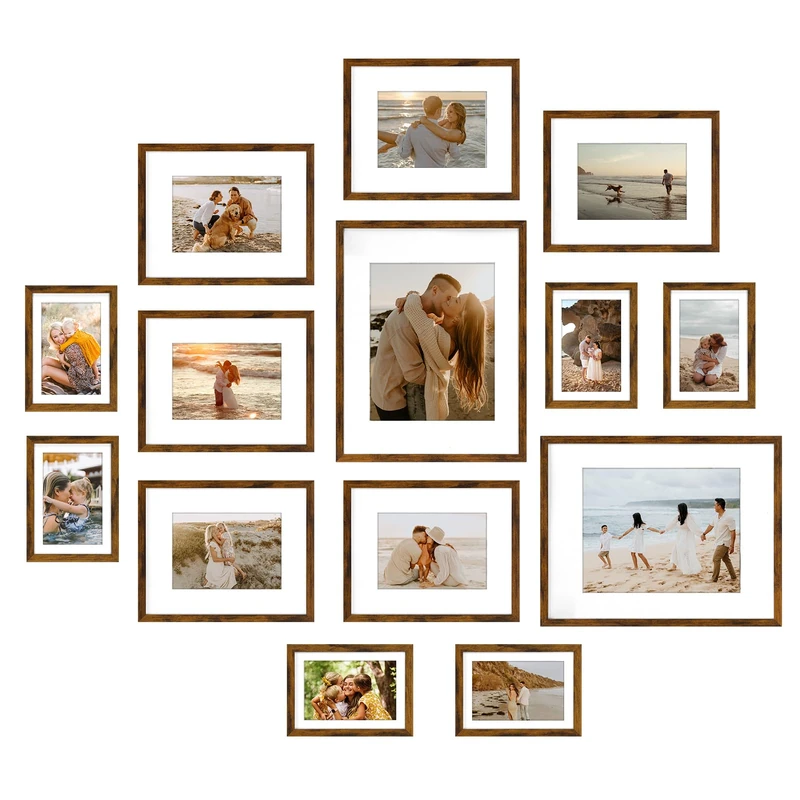 Giftgarden 14 Pack Brown Picture Frames with Mat for Various Sizes Photos, Assorted Matted Frame Set Including Two 11x14, Six 8x10, Six 5x7, Gallery Frame Collage for Wall or Tabletop Display
