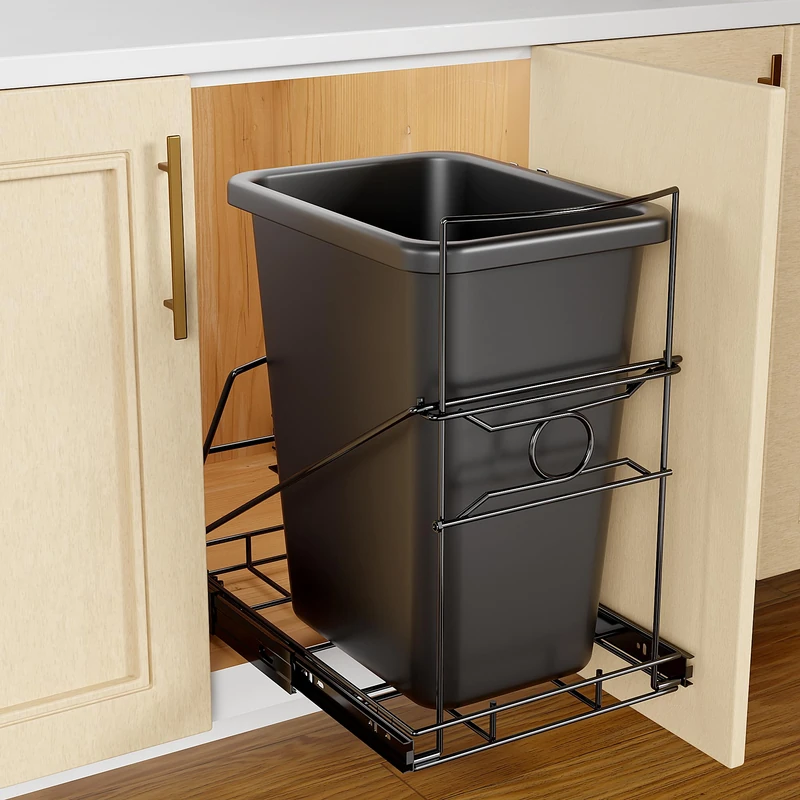 SOCONT Pull Out Trash Can, Stainless Steel Kitchen Adjustable Trash Slide Out Shelf, Cabinet Trash Can Pull Out Kit, Fit 7-11 Gallon Bin(Black, No Bin Included)