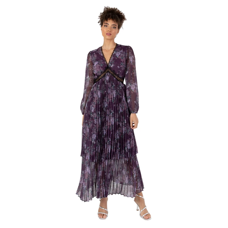 Anaya with Love Women's Midaxi Dress Ladies Long Blouson Sleeve V-Neck Tiered Pleated Lace Insert Empire A-line Wedding Guest Evening, Purple Floral, 26