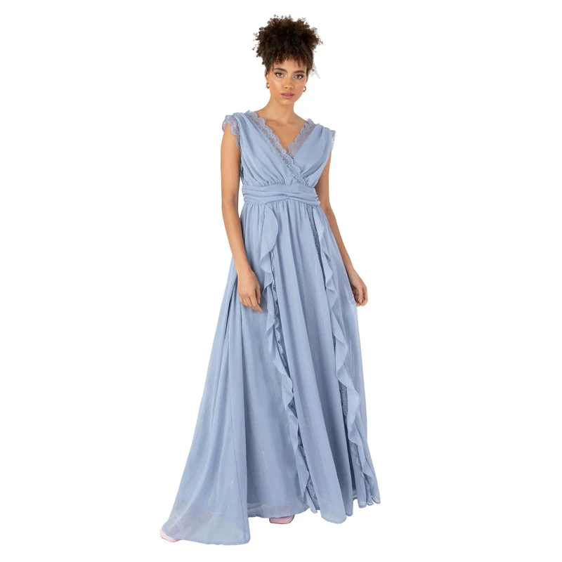 Anaya with Love Sleeveless V Neck Cascade Lace Wedding Bridesmaid Evening Prom Maxi Dress Dusty Blue 42