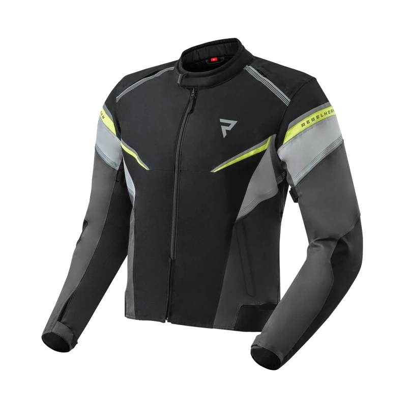 REBELHORN Spark Men's Motorcycle Jacket, Textile, 2 Layers, Integrated Membrane, Removable Insulated Vest, Elbow and Shoulder Protectors Level 2, Sizes up to 4XL, Black/grey/fluorescent yellow,