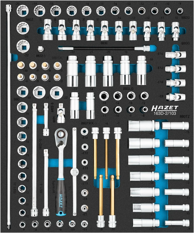 HAZET 163D-2/103 103-Piece Socket Set, 3-22 mm, E5-E14, Hexagon, TORX, Inner Hex, Pull Profile, Double Hexagon, Reversible Ratchet Extensions,