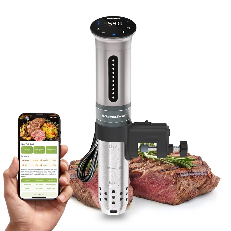 KitchenBoss WIFI Sous Vide Machine: Sous Vide Cooker 1100W Cooking Machine Ultra Quiet LED Precision Immersion Stainless Steel IPX7 Waterproof Silver