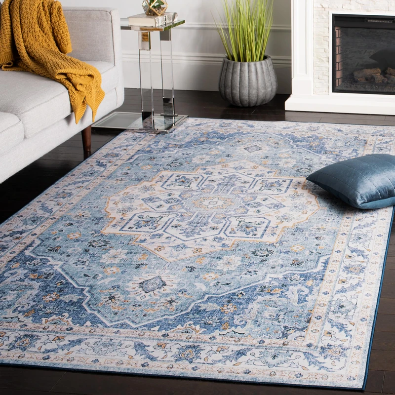 Safavieh Traditional Rug Ideal for High Traffic Areas - Machine Washable and Non Slip - Tucson Collection, Short Pile, in Light Blue and Blue, 82 X 244 cm