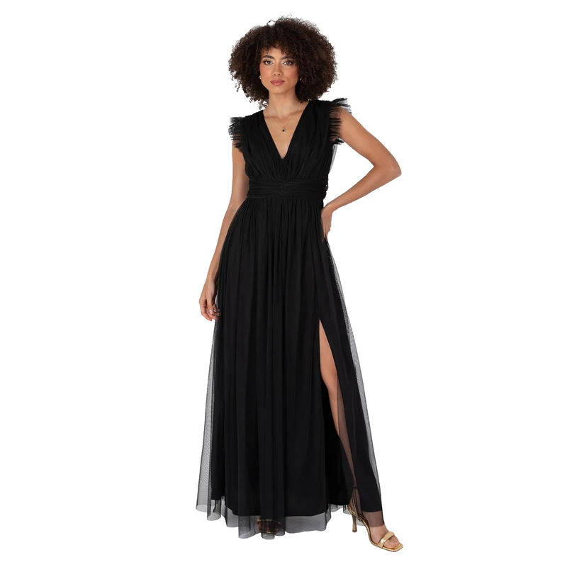 Anaya with Love Women's Maxi Dress Ladies V-Neck Short Sleeve Split Tulle A-line for Wedding Guest Bridesmaid Evening Occasion Ball Gown, Black, 16