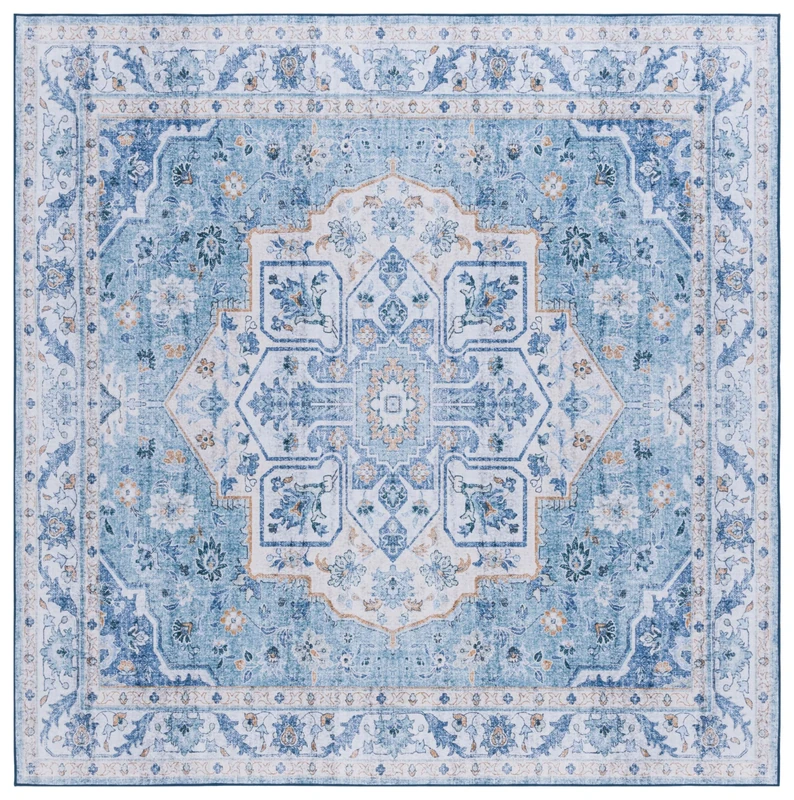 Safavieh Traditional Rug Ideal for High Traffic Areas - Machine Washable and Non Slip - Tucson Collection, Short Pile, in Rust and Marine Blue, 76 x 122 cm
