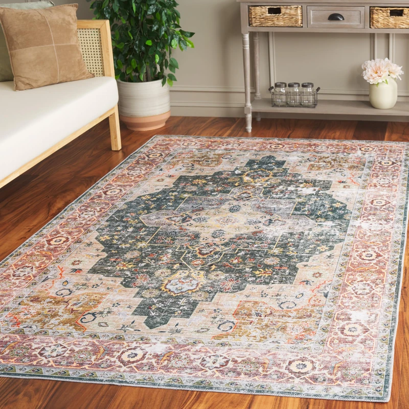 Safavieh Distressed Rug Ideal for High Traffic Areas - Machine Washable and Non Slip - Arizona Collection, Short Pile, in Green and Brown, 183 X 183 cm