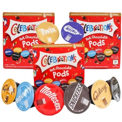 Celebrations Dolce Gusto Compatible Hot Chocolate Pods - Twix, Mars, Bounty, Snickers, Galaxy, Malteser, Milky Way & Galaxy Caramel (24)