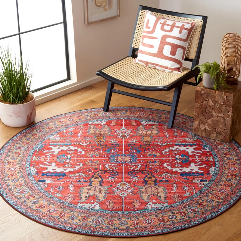 Safavieh Traditional Rug Ideal for High Traffic Areas - Machine Washable and Non Slip - Tucson Collection, Short Pile, in Red and Blue, 183 X 183 cm