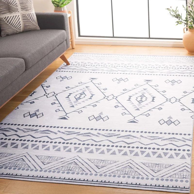 Safavieh Boho Rug Machine Washable & Slip Resistant - Ideal for High Traffic Areas - Arizona Collection, Short Pile, Ivory and Black, 200 X 300 cm