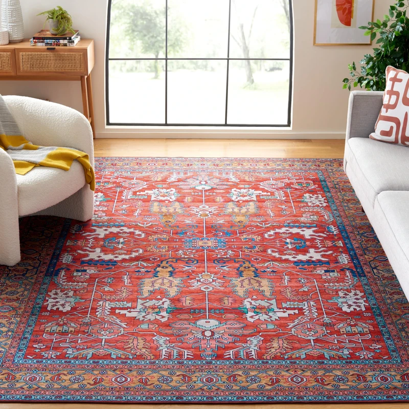 Safavieh Traditional Rug Ideal for High Traffic Areas - Machine Washable and Non Slip - Tucson Collection, Short Pile, in Red and Blue, 244 X 305 cm