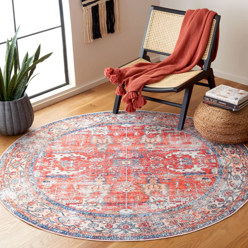 Safavieh Distressed Rug Ideal for High Traffic Areas - Machine Washable and Non Slip - Arizona Collection, Short Pile, in Red and Blue, 183 X 183 cm - Image 1