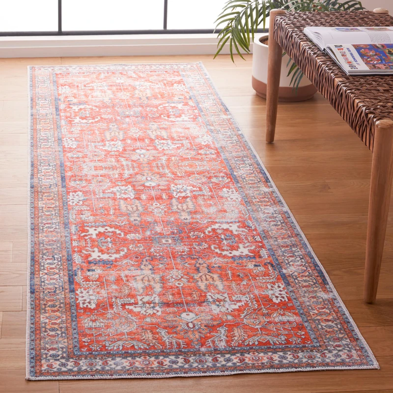 Safavieh Arizona Collection Distressed Floor Mat Machine Washable and Non Slip Ideal for High Passage Areas - Arizona Collection Short Pile Rug, Red and Blue, 62 x 240 cm