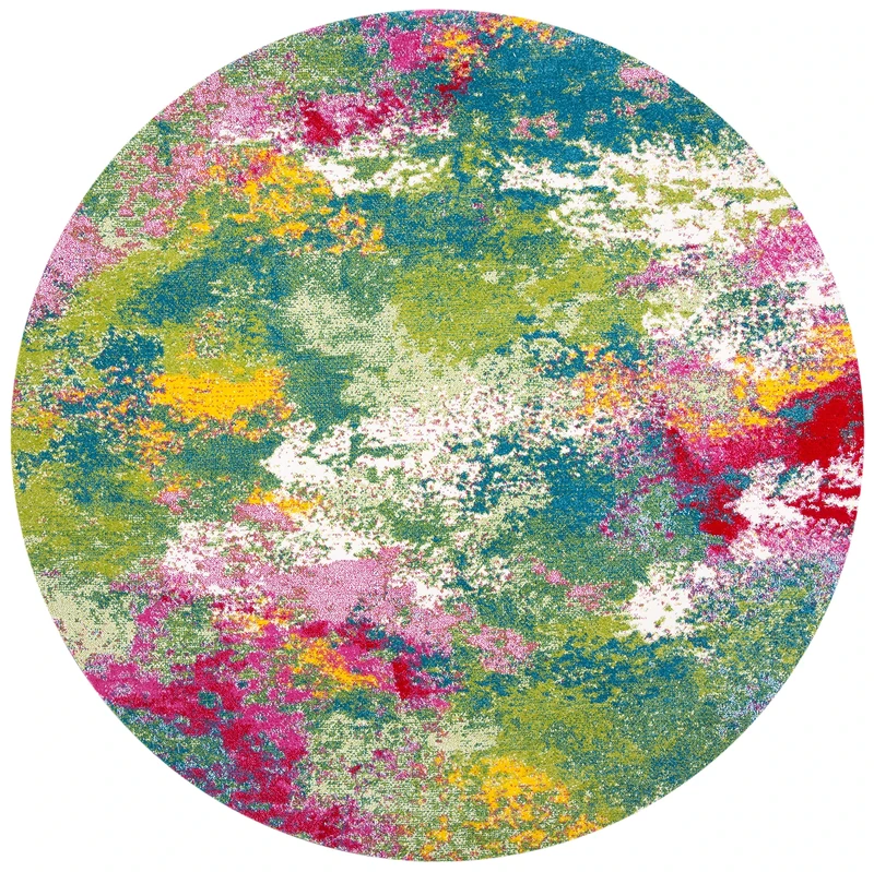 Safavieh Abstract Rug for Living Room, Dining Room, Bedroom - Watercolor Collection, Short Pile, Green and Fuchsia, 91 x 91 cm